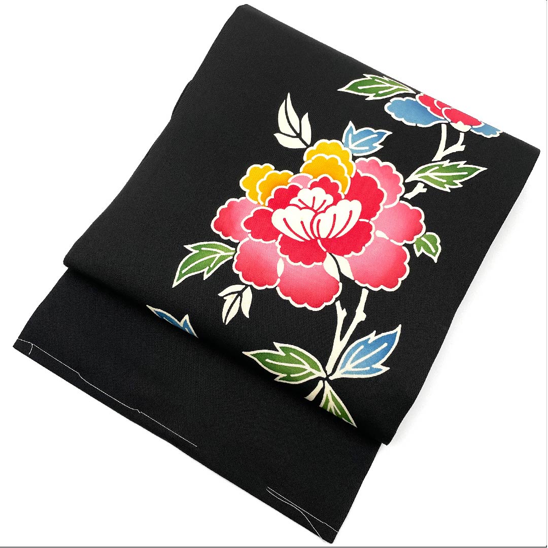 Nagoya obi, black, stencil dyed, floral pattern, obi length 370cm, pure silk, high quality, full length, casual, black, 1124004323310, Nagoya style