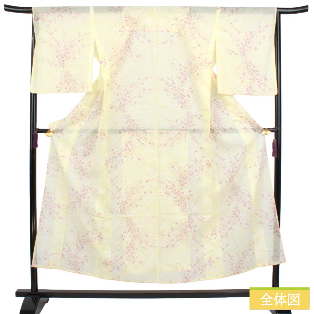 夏物 ポリエステル 小紋 Sランク 身丈151.5cm 裄丈66.5cm 白百合色(しらゆりいろ) 草花模様 居敷当て付き 絽 黄系 1132004492223