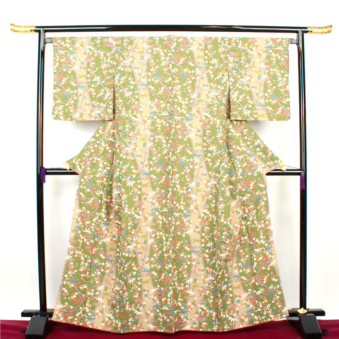Small pattern, Length 164cm, Sleeve length 66.5cm, Lined, Willow brown, Washable kimono, Bamboo, Plum, Polyester, S rank, Green, 1115002552419