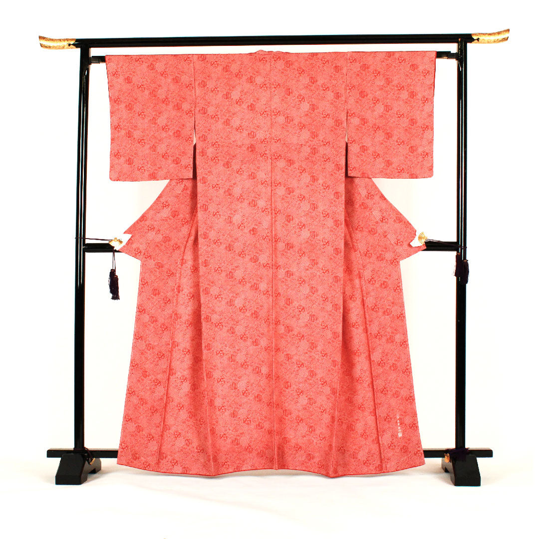 Komon, Length 164cm, Sleeve length 64cm, Awase, Butterfly and peacock feathers, Pure silk, S rank, Vermilion, 1115000572316