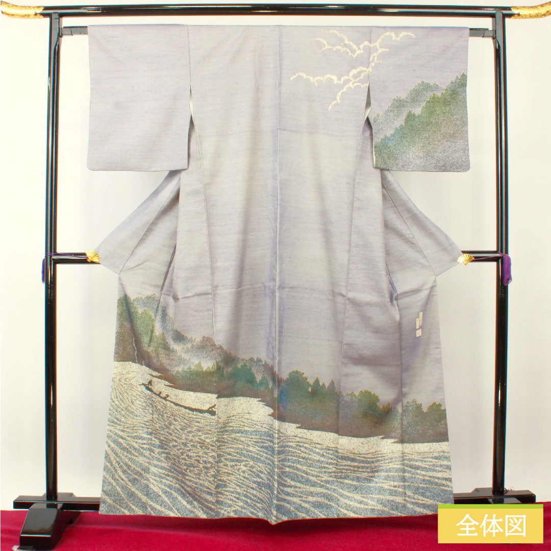 訪問着 正絹 袷 身丈162.5cm 裄丈63cm つるば鼠色(つるばねずいろ) 紬地 風景模様 金通し 作家物 Sランク 紫系 1112004572420