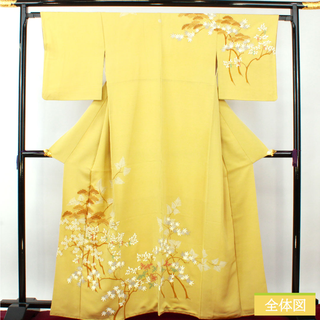 Homongi, pure silk, lined, length 164cm, sleeve length 64cm, faint yellow, Kyoto Yuzen, autumn grass pattern, one crest, five-fold fan, A rank, yellow, 1112004323423