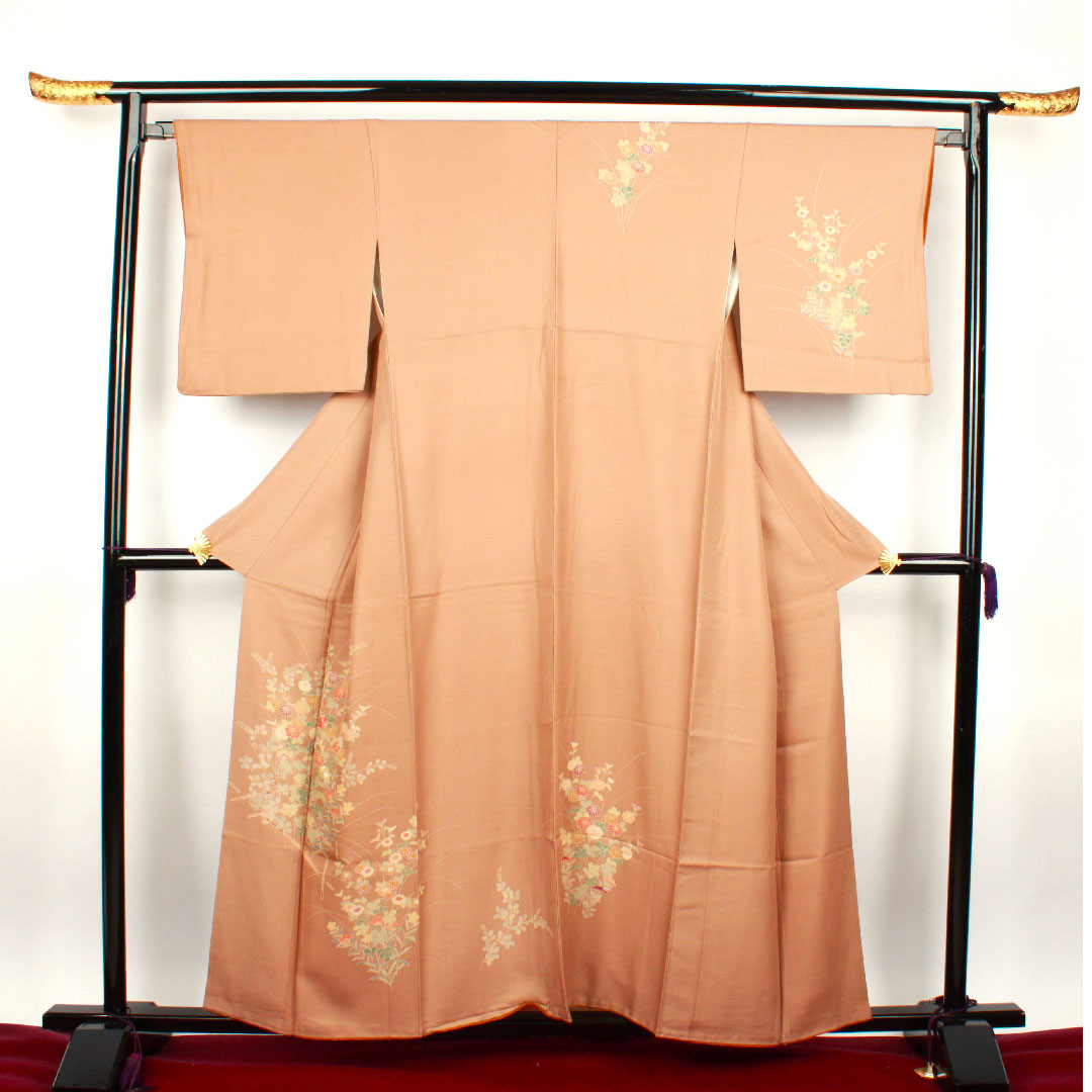Homongi, lined, length 159cm, sleeve length 64cm, Shiba dyeing, floral pattern, pure silk, S rank, brown, 1112001582314