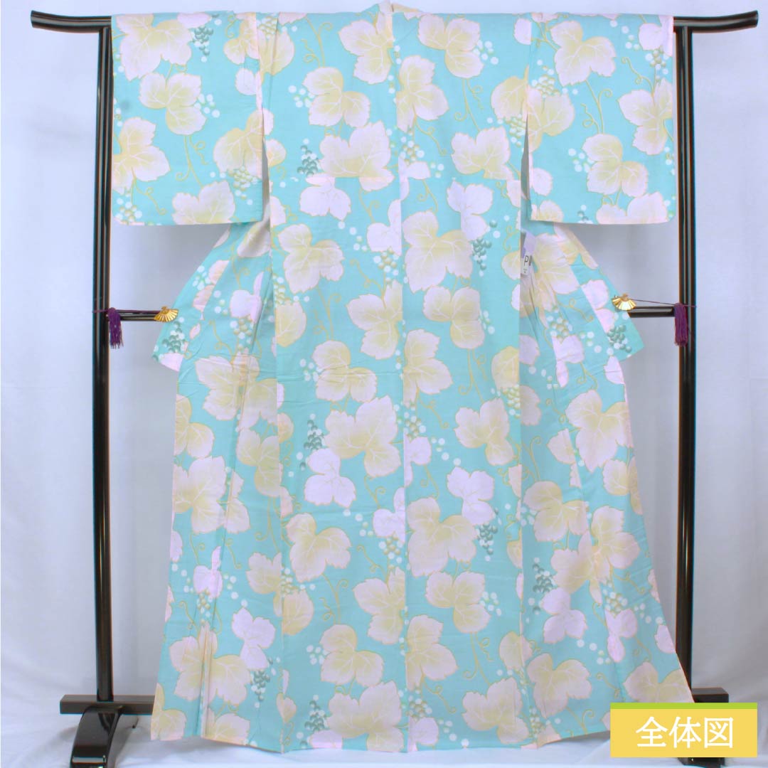 Cotton Yukata, Length 166cm, Sleeve Length 64cm, A Rank, Single Layer, Light Blue, Grape and Ivy Pattern, Product Number: 1118006503524