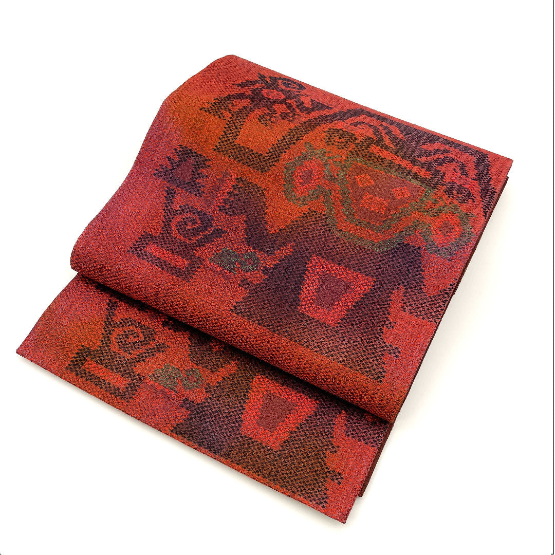 Fukuro Obi Egyptian Pattern Length 424cm Pure Silk S Rank Six-way Casual Red 1123002652312