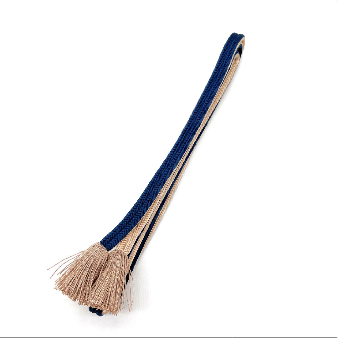 (Brand New) Pure Silk Obijime (Sash Band) - New Rank, Indian Indigo Blue (Indoaiiro) and Light Indigo Blue (Usukoiro) - Solid Color with Twisted Tassels - Approx. 160cm Long, Approx. 1.1cm Wide - Casual, Navy Blue - Product Number: 1135005221318