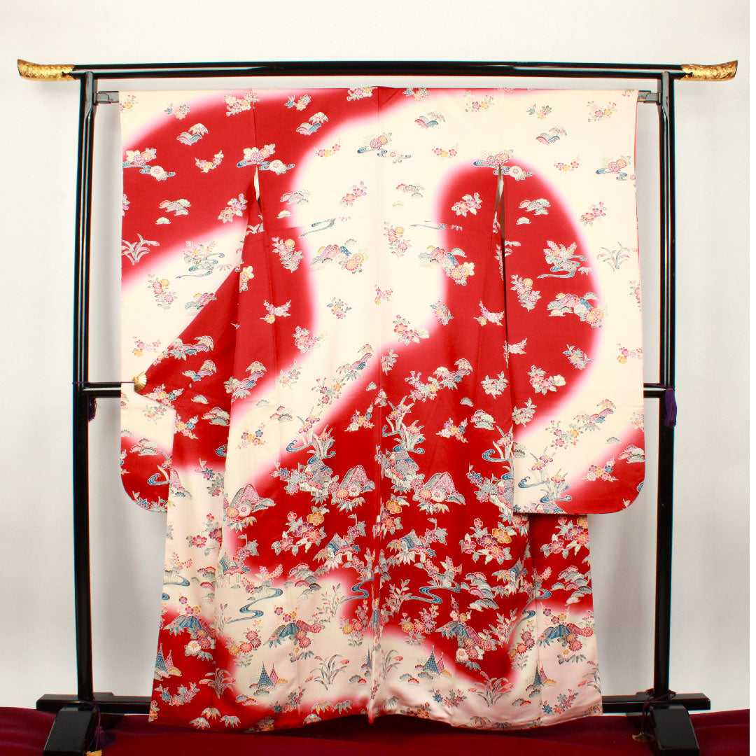 振袖 身丈161.5cm 裄丈64cm 袷 葡萄茶色 薄桜色 型染 茶屋辻 松竹梅 正絹 Aランク 赤系 1113000913412