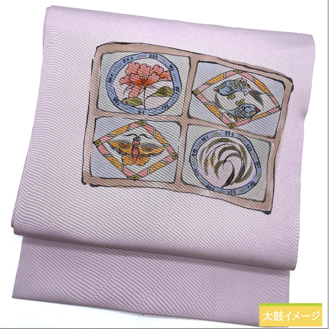 Nagoya obi, white and plum color, artist's work, fish pattern, abstract bird, abstract flower pattern, obi length 373cm, pure silk, S rank, point pattern, casual, purple, 1124005682320, Nagoya tailoring