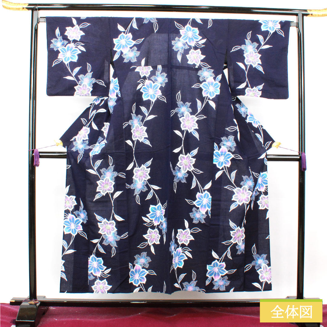 Yukata Cotton Length 153.5cm Sleeve length 67.5cm S rank Single layer Navy blue Camellia 1118004802218