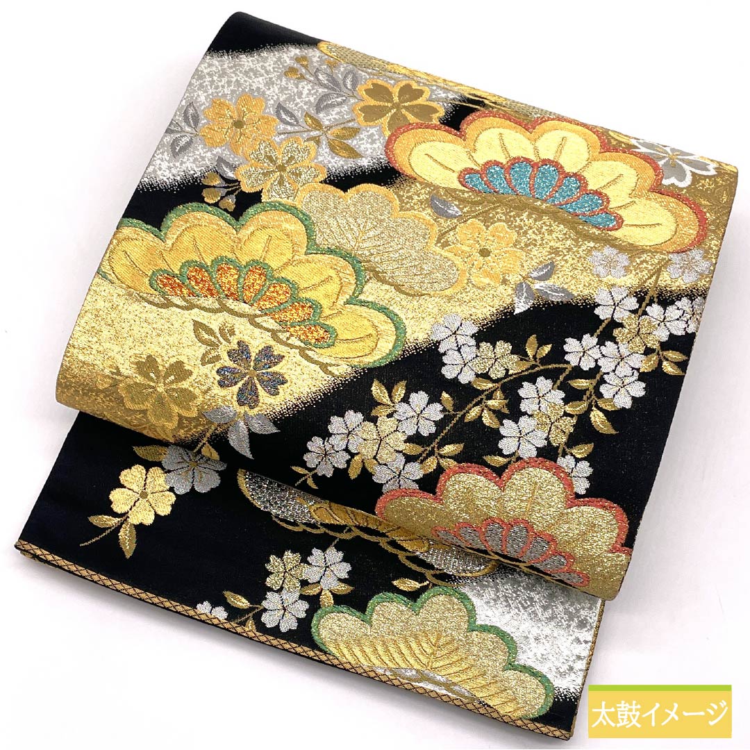 Formal black obi, pure silk, S-rank, Matsushima Orimono, cherry blossom pattern, 428cm long, six-fold hem, for furisode. Product code: 1123015752310