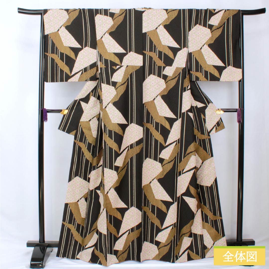 Small pattern, polyester, length 166cm, sleeve length 65cm, lined, split pattern, washable kimono, S rank, black, 1115005812510