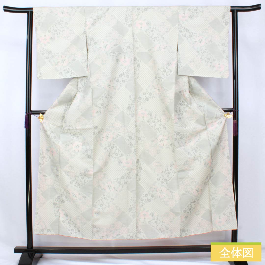 Tsumugi (pongee) polyester kimono, S rank, length 153cm, sleeve length 63cm, Unohana-iro (unohana flower) pattern, floral motif, washable, lined, white, 1116004642211