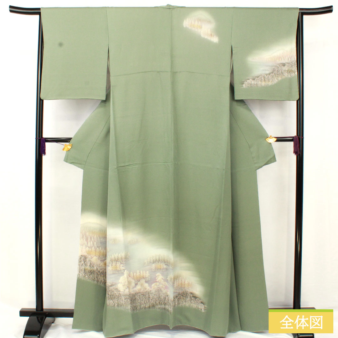 Homongi, pure silk, lined, length 162.5cm, sleeve length 65cm, leaf color on the back, landscape pattern, A rank, green, 1112005853419