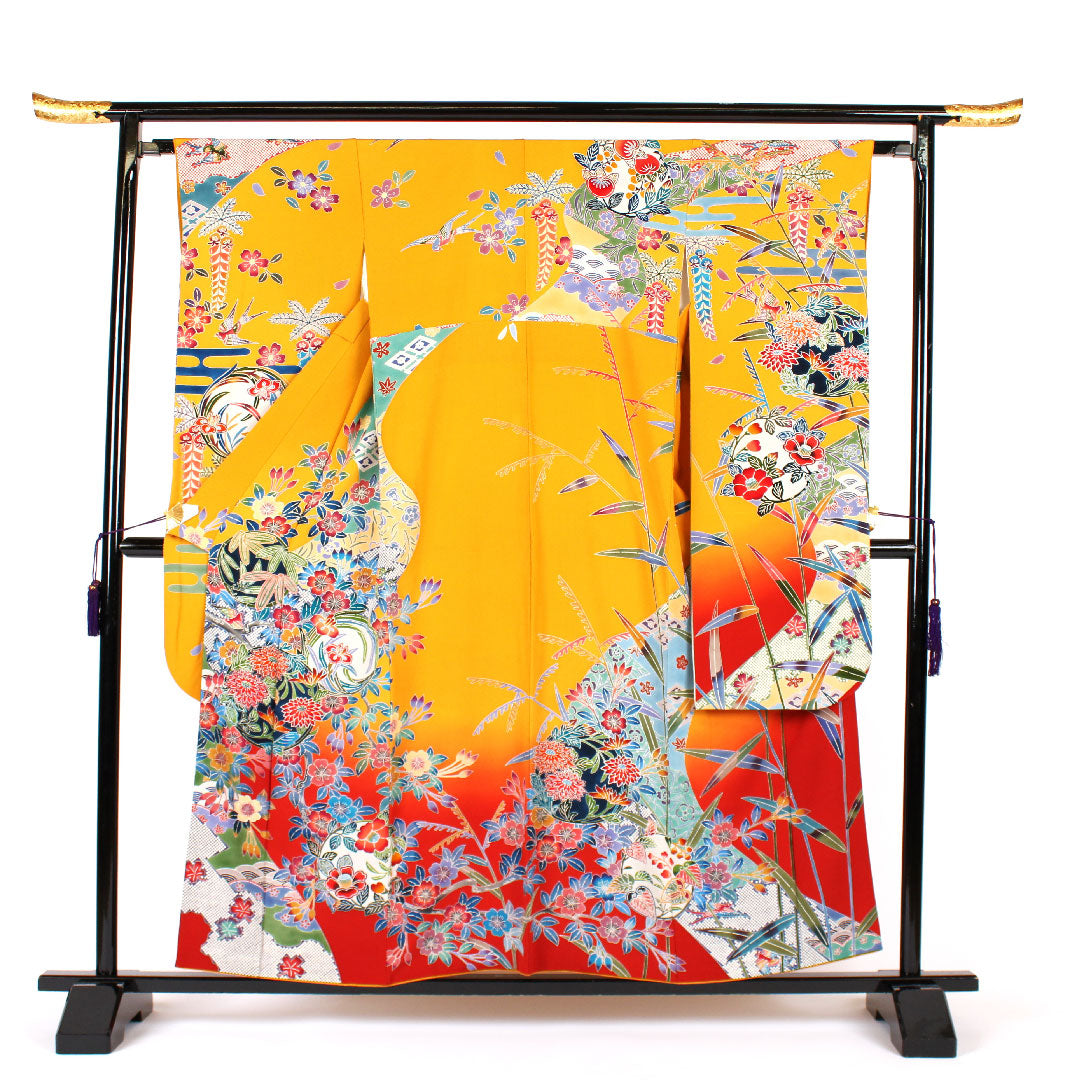 振袖 身丈157cm 裄丈65cm 袷 作家物 京紅型 櫨染色 正絹 Sランク 黄系 1113000032323