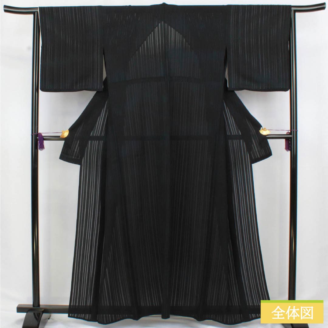 夏物 正絹 色無地 身丈161cm 裄丈63cm 竪絽 ぼかし染 うそつき襦袢 絽 Aランク 黒系 1132002723410