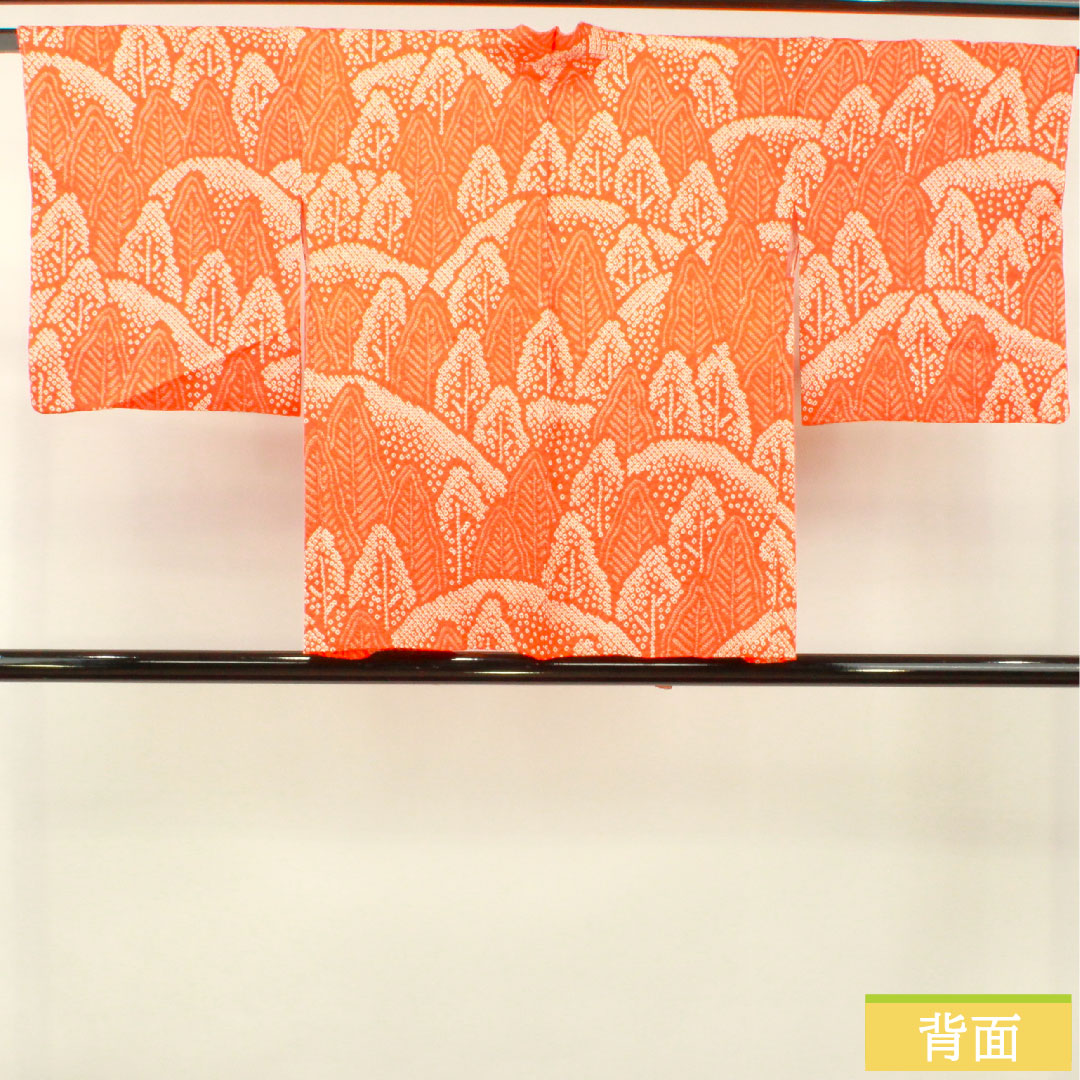 Haori (Japanese traditional coat) made of pure silk, length 74cm, sleeve length 64.5cm, maple leaf color, all-dyed, abstract pattern, with basting thread, S rank, lined, orange, 1117001072926