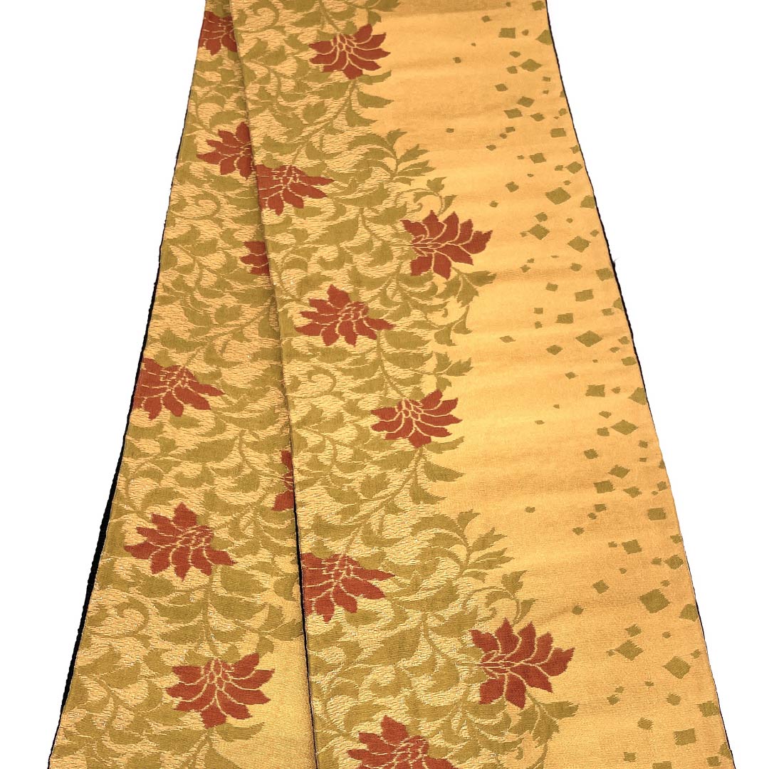 【未仕立】半幅帯 ポリエステル Sランク 雄黄色(ゆうおういろ) 唐草 帯丈436cm 橙系 1125001812426
