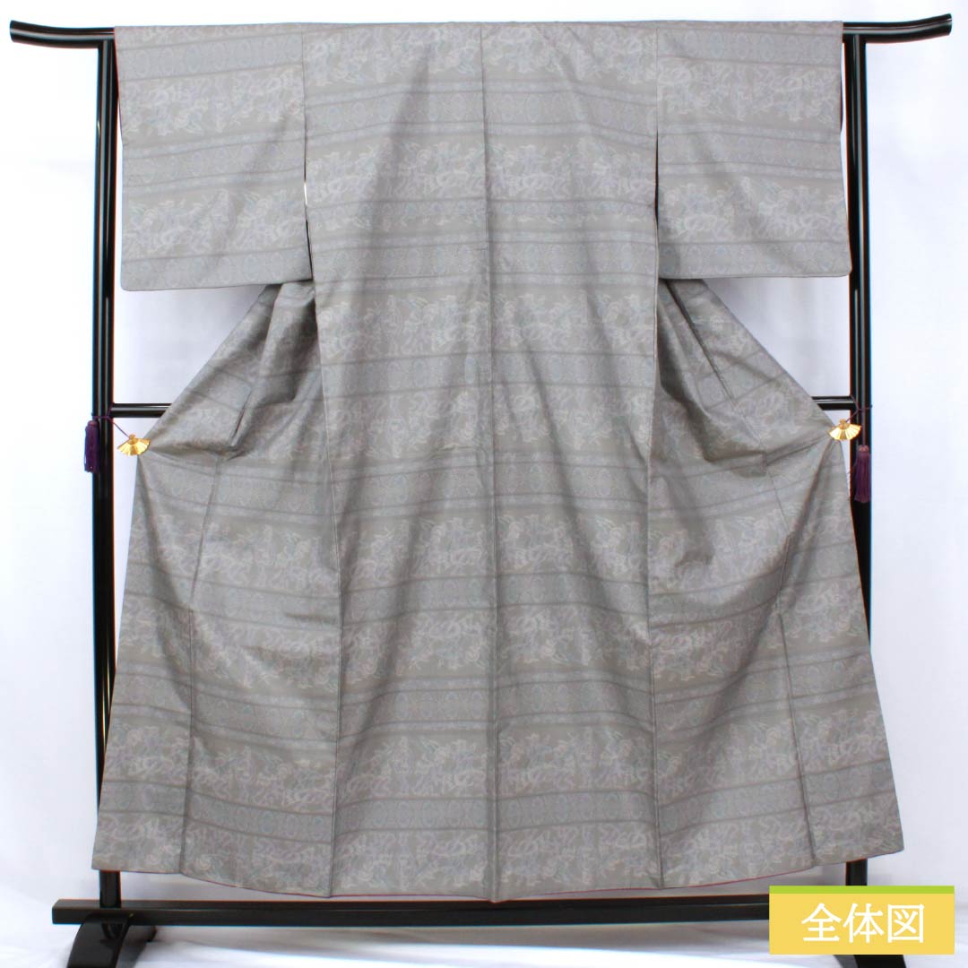 Genuine Oshima Tsumugi Silk, Grade A, Length 156cm, Sleeve Length 63cm, Gray, Mud-dyed, Horizontal Double Kasuri Pattern, Lined, Gray, Product Number: 1116004663322