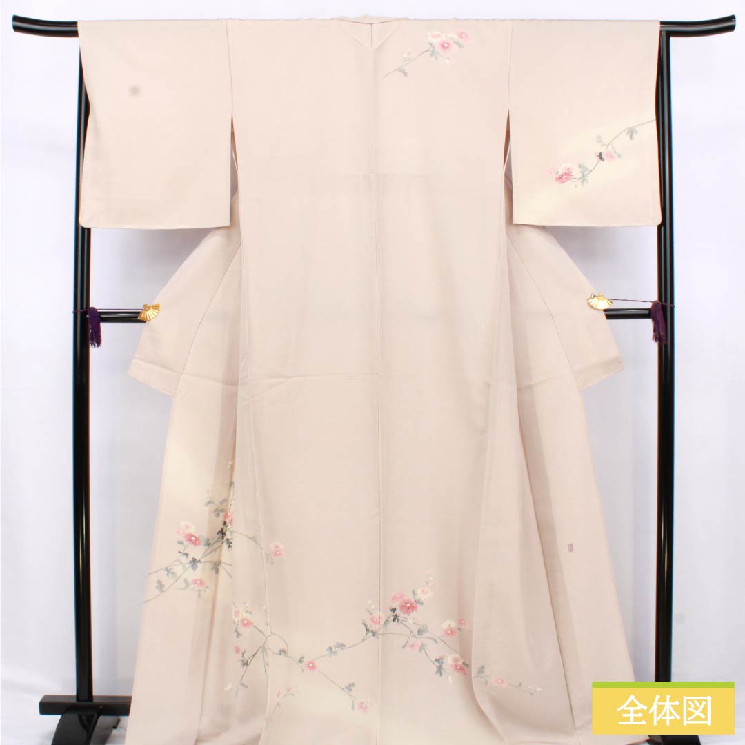 訪問着 正絹 Aランク 単衣 身丈167cm 裄丈68.5cm 翁茶色(おきなちゃいろ) 京友禅 鳥 菊花 ピンク系 1112006103513