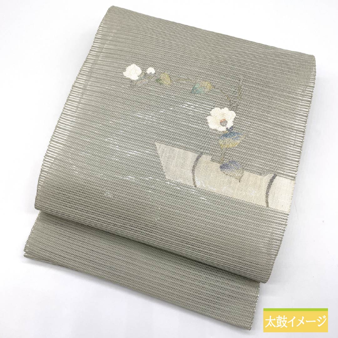 Nagoya Obi, Pure Silk, Rikyu Nezumi-iro (Gray), Summer Obi, Sukui Weave, Single Flower Vase, Length 367cm, S Rank, Point Pattern, Semi-Formal, Gray, 1124008672322, Pine Needle Pattern