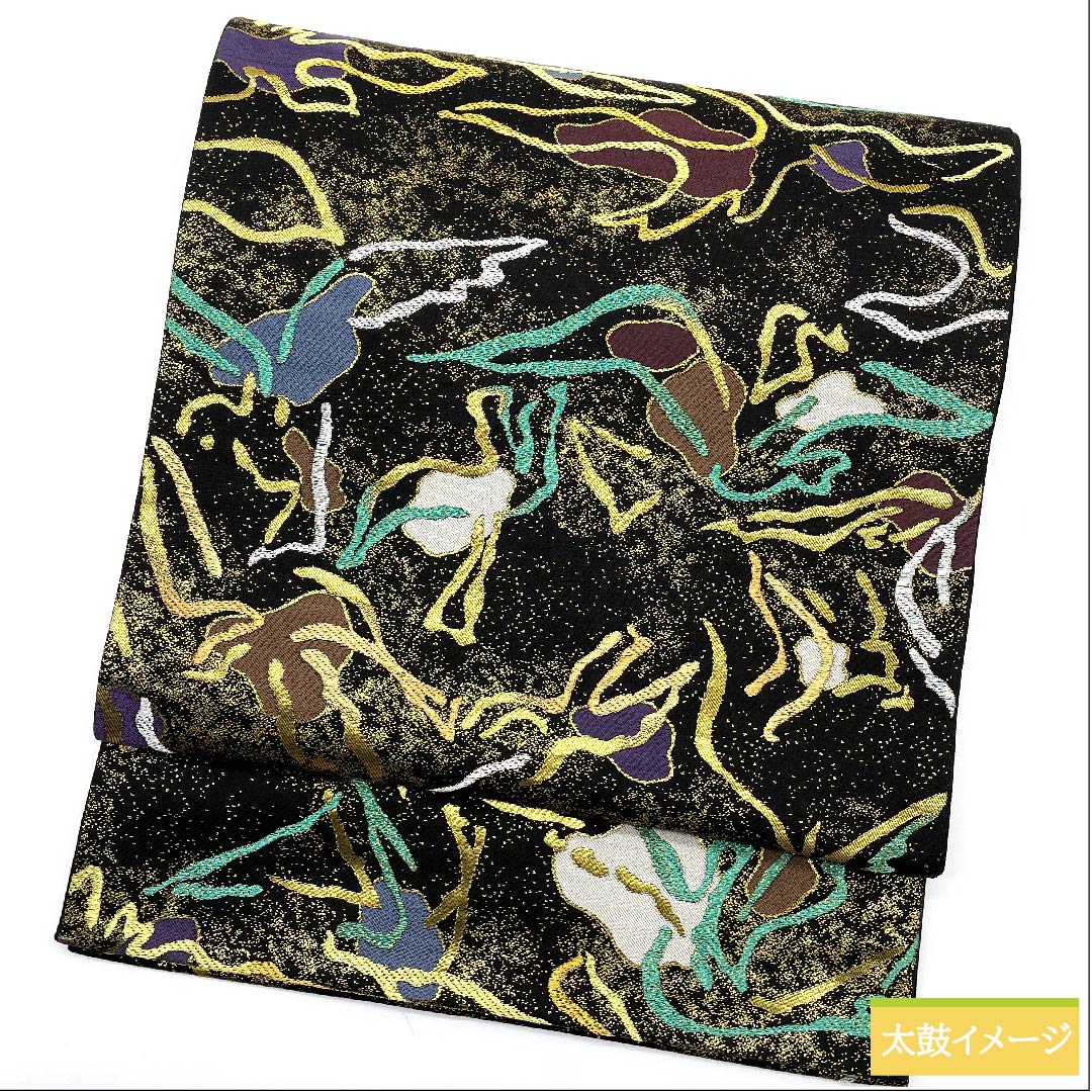 Black fukuro obi with abstract pattern, MODA CREOLE, obi length 430cm, pure silk, S rank, six-pass, semi-formal, black, 1123009912310