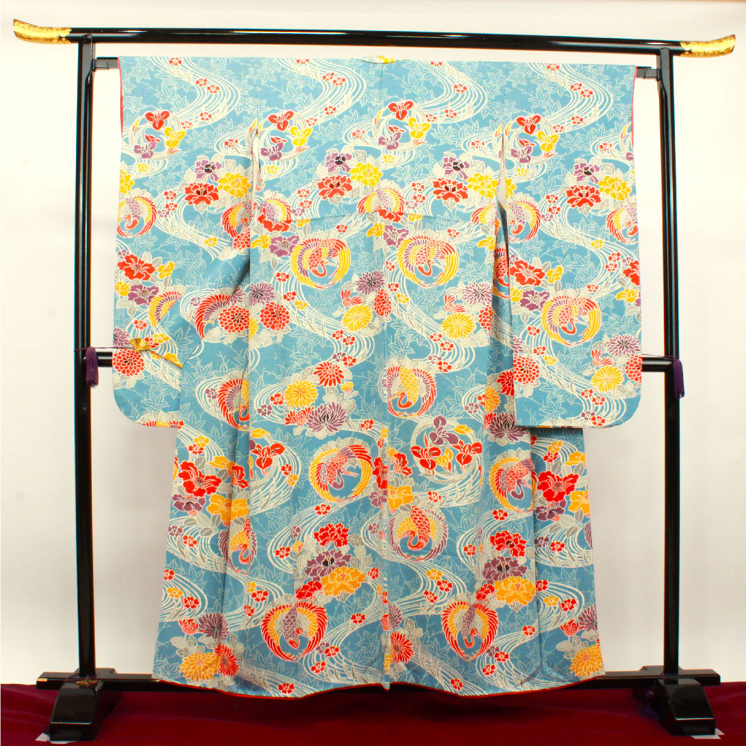 振袖 身丈156.5cm 裄丈64cm 袷 天青色 京紅型 吉祥文様 正絹 Aランク 青系 1113001653317