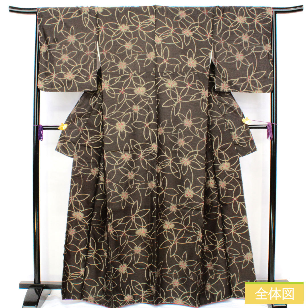 Small pattern, polyester, length 163.5cm, sleeve length 66cm, lined, black oak color, washable kimono, abstract flower, basting thread included, unused, S rank, black, 1115004932410