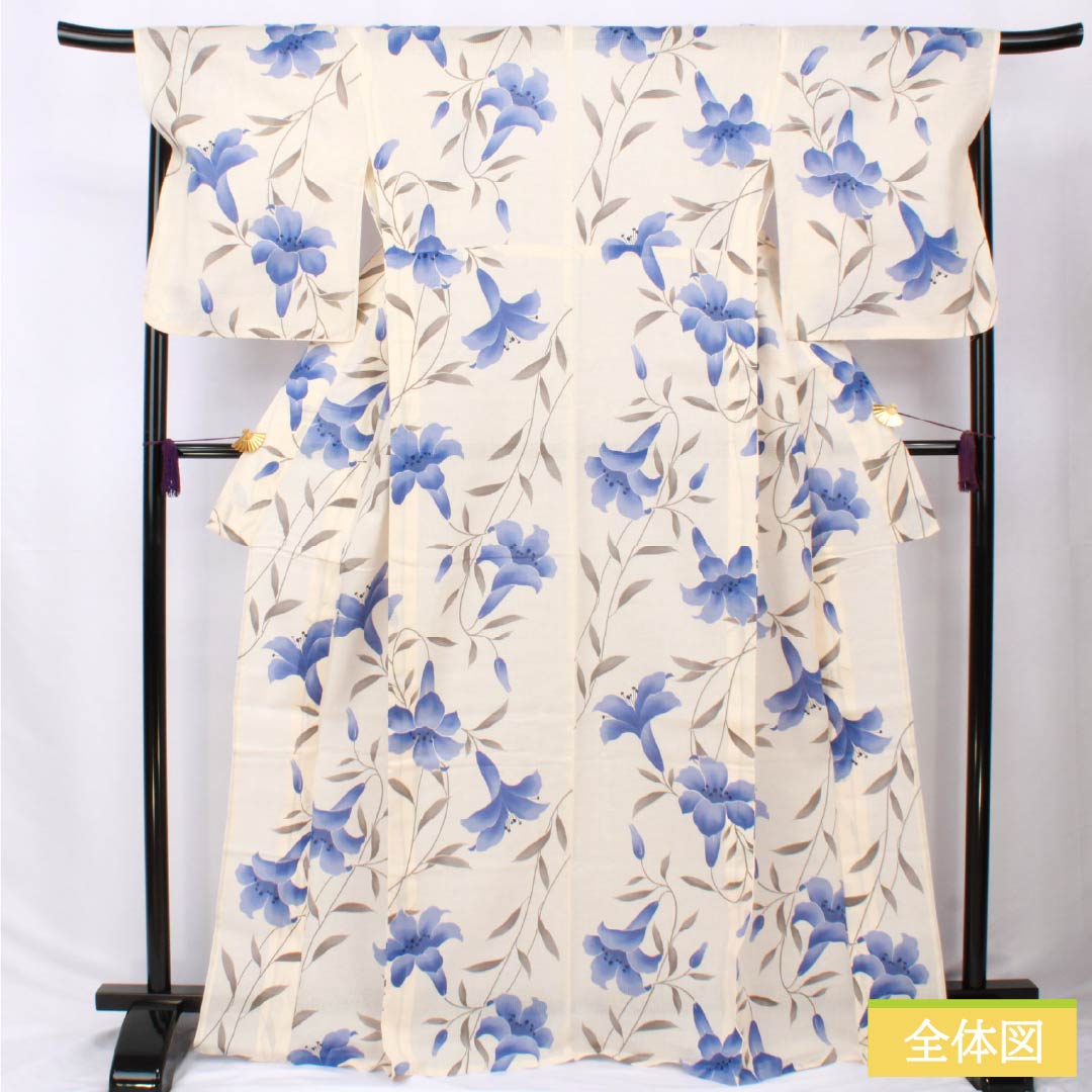 Cotton Yukata, Length 167.5cm, Sleeve Length 70cm, A Rank, Single Layer, Cream, Light Color (Usunikuro), Lily Pattern, 1118006223515
