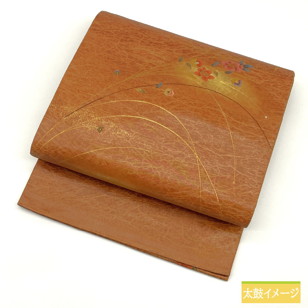 袋帯 正絹 Sランク 団十郎茶色(だんじゅうろうちゃいろ) 引箔 草花模様 帯丈442cm ポイント柄 セミフォーマル 茶系 1123016192314