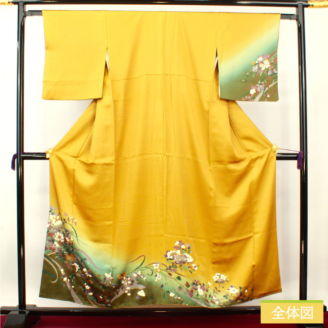 Homongi, pure silk, lined, length 156.5cm, sleeve length 62.5cm, ochre, Kyoto Yuzen, floral pattern, Scotchguard processing, S rank, yellow, 1112004422323