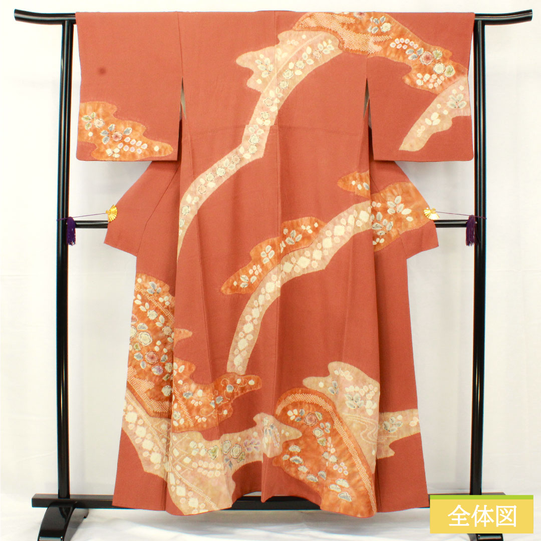Homongi, pure silk, lined, length 154.5cm, sleeve length 62.5cm, sparrow color, Kyo-Yuzen, Tsujigahana, A rank, brown, 1112005273214
