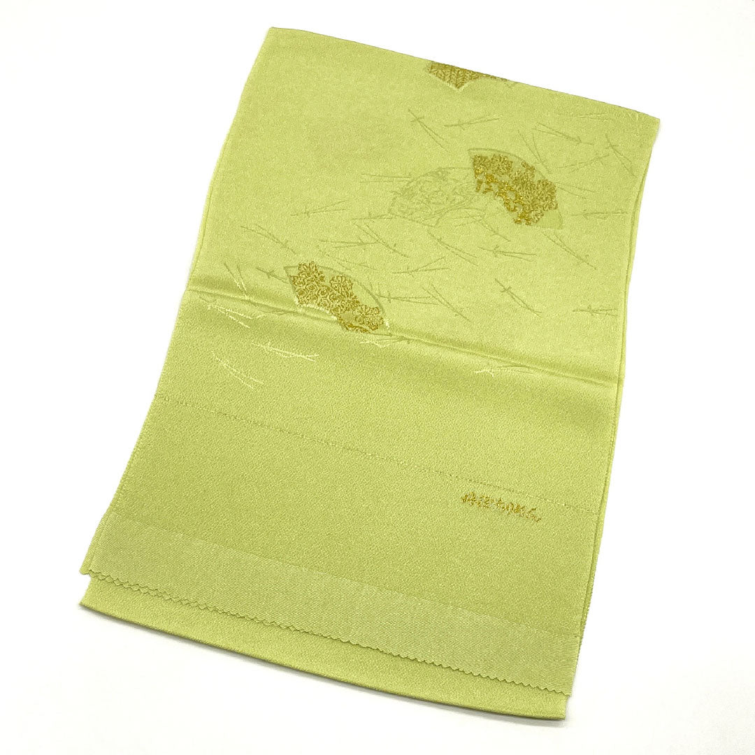(Like New) Semi-Formal Silk Obiage (Sash) in Pale Willow Green (Usuyanagi-iro) by Tango Chirimen, with a Fan and Pine Design, Approximately 174cm Long and 28.5cm Wide, Green, Product Number: 1136001161919