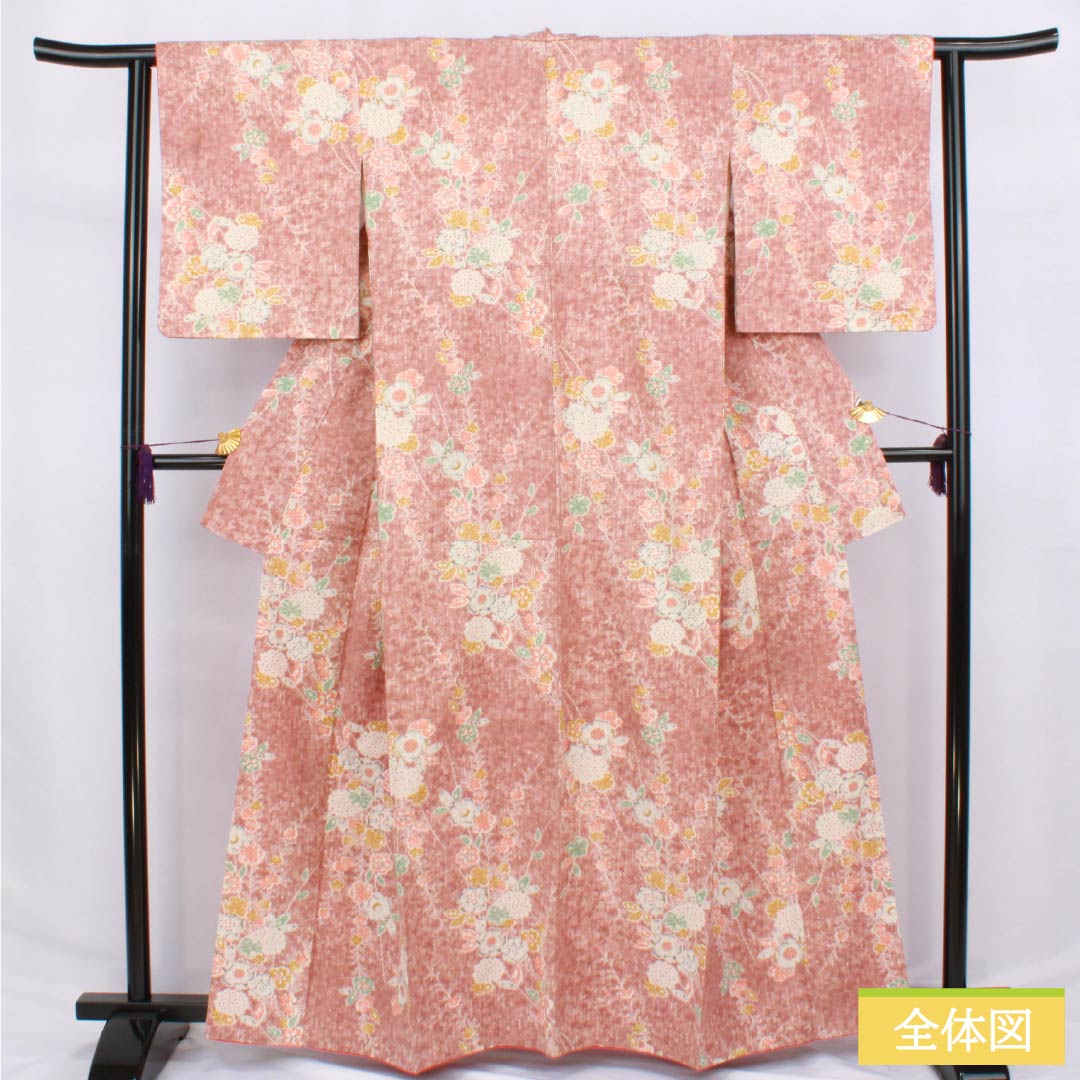 Komon (small pattern) kimono, pure silk, length 162.5cm, sleeve length 62cm, lined, light purple (asa-kisu-iro) color, tsumugi fabric, Tsujigahana (flower) pattern, A rank, pink, 1115006233413