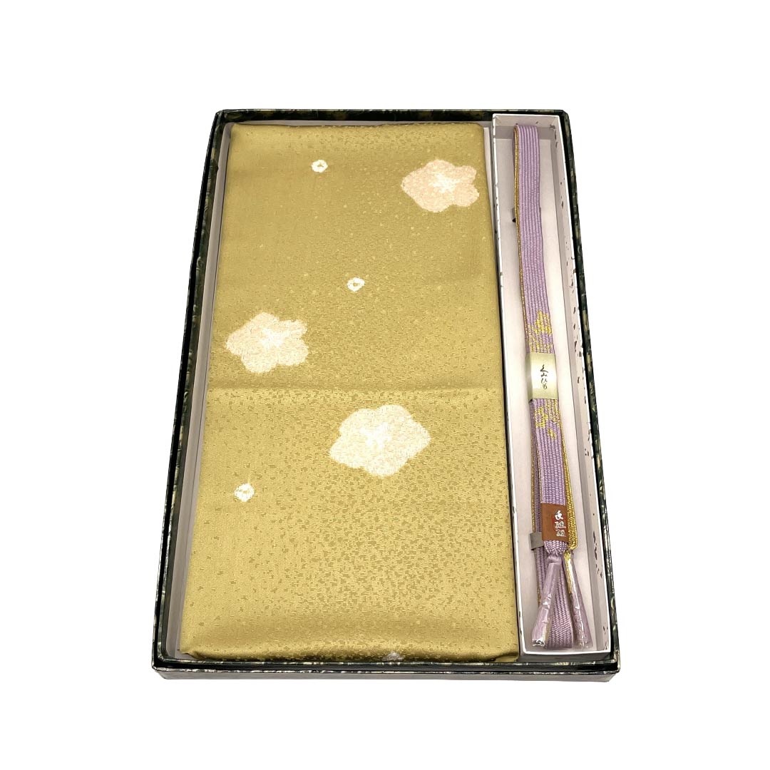 (新古品) 帯締め・帯揚げセット 正絹 NEWランク 浅青朽葉色(うすあおくちばいろ) 梅 古典柄 長さ約165cm 幅約1.6cm セミフォーマル 紫系 1141000611320