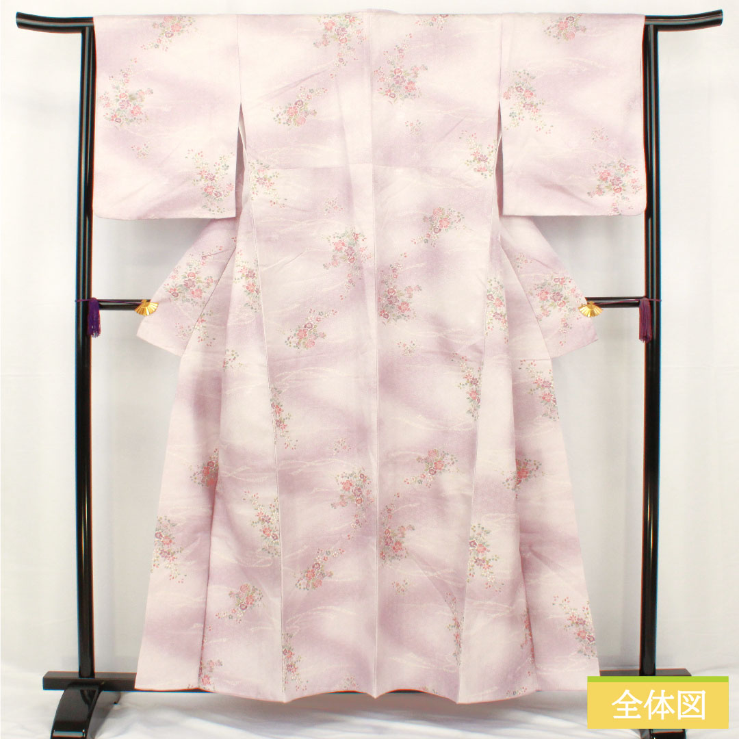 Small pattern, polyester, length 157.5cm, sleeve length 64cm, lined, light wisteria color, washable kimono, floral pattern, A rank, purple, 1115004543320