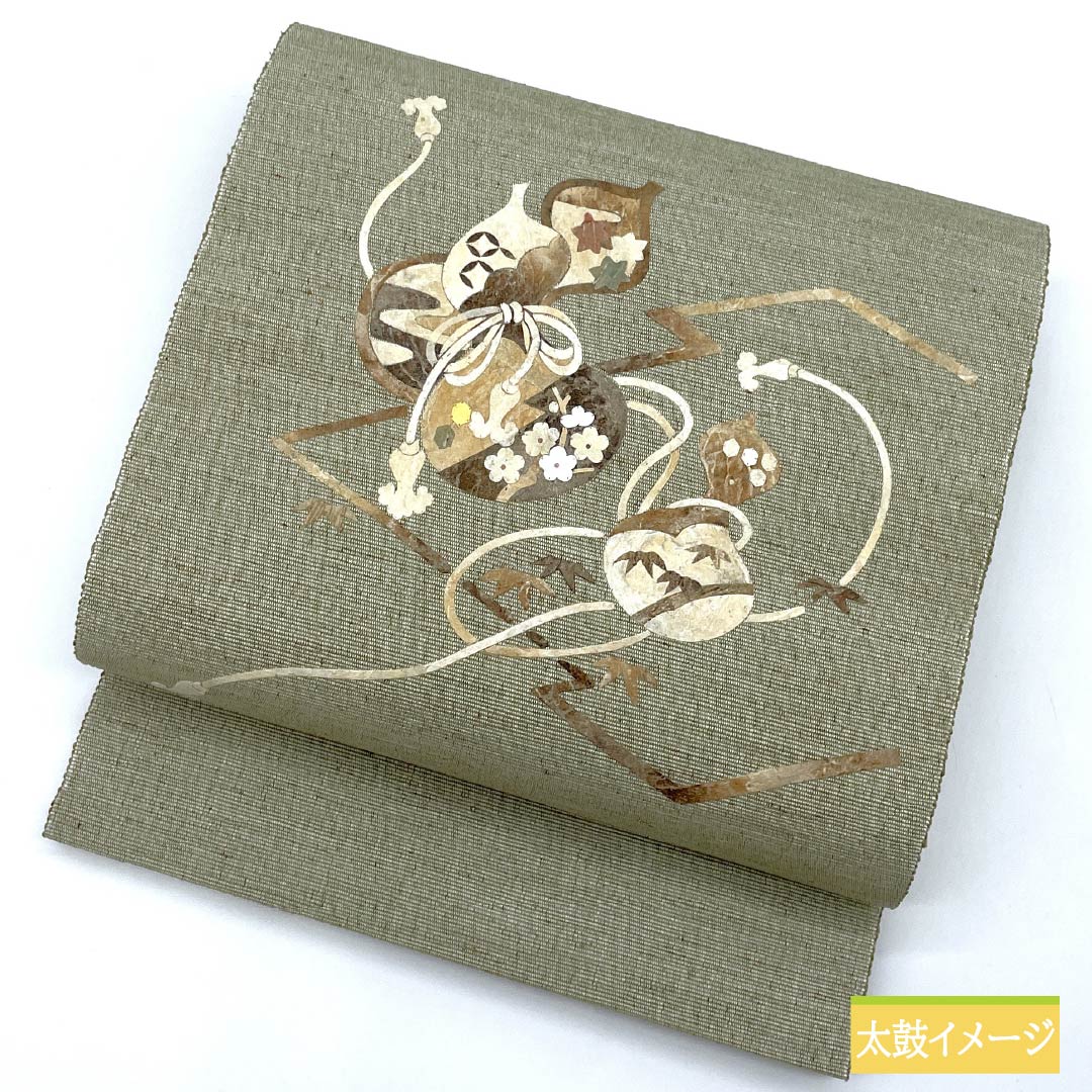 Nagoya obi, gray-green, artist's work, bagworm, spring, obi length 385cm, pure silk, S rank, point pattern, casual, green, 1124007062419, pine needle style