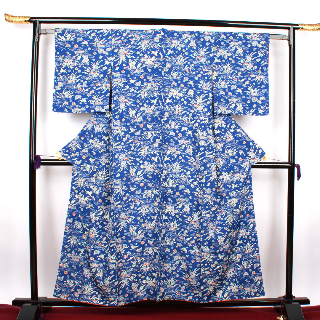 小紋 身丈157.5cm 裄丈61cm 袷 瑠璃紺色 型染 草花模様 正絹 Sランク 青系 1115002202317