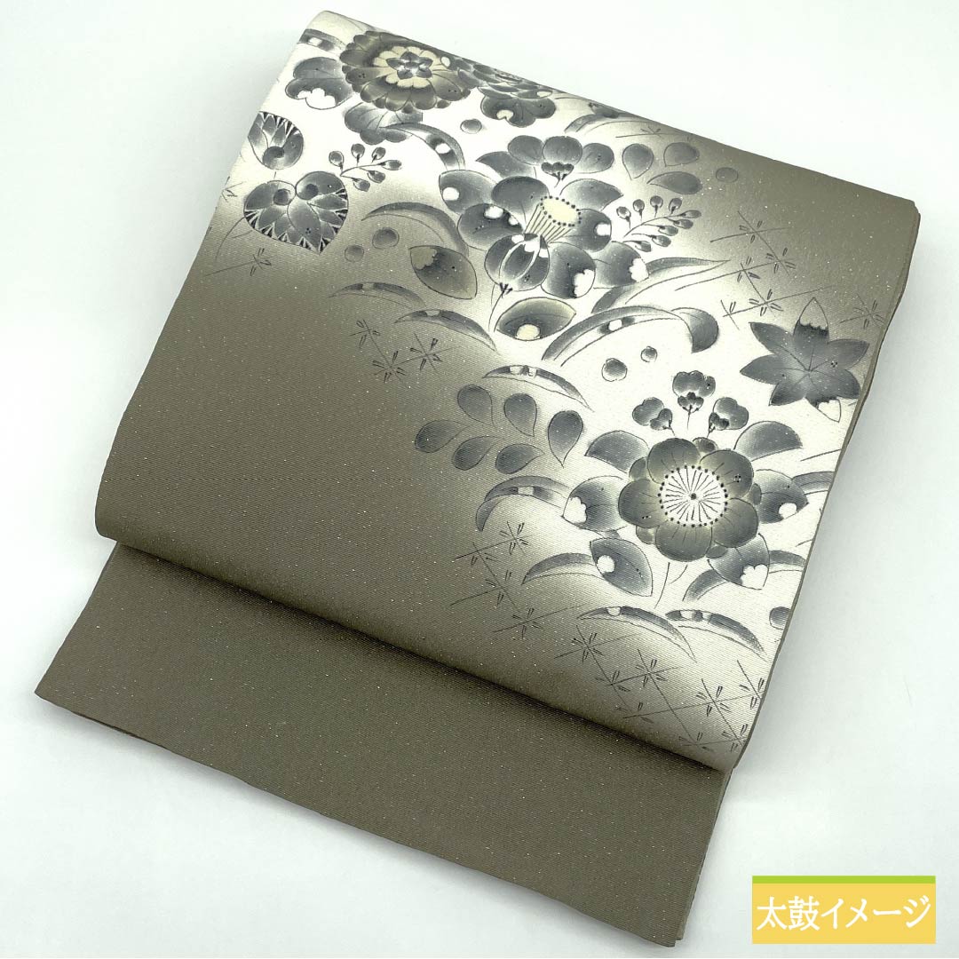 Silk Fukuro Obi (Sash) in Rikyu Nezumiiro (Gray) with Tsujigahana (Flower) motif, Length: 460cm, S-Rank, Pointed Design, Semi-Formal, Gray, Product Number: 1123014972422