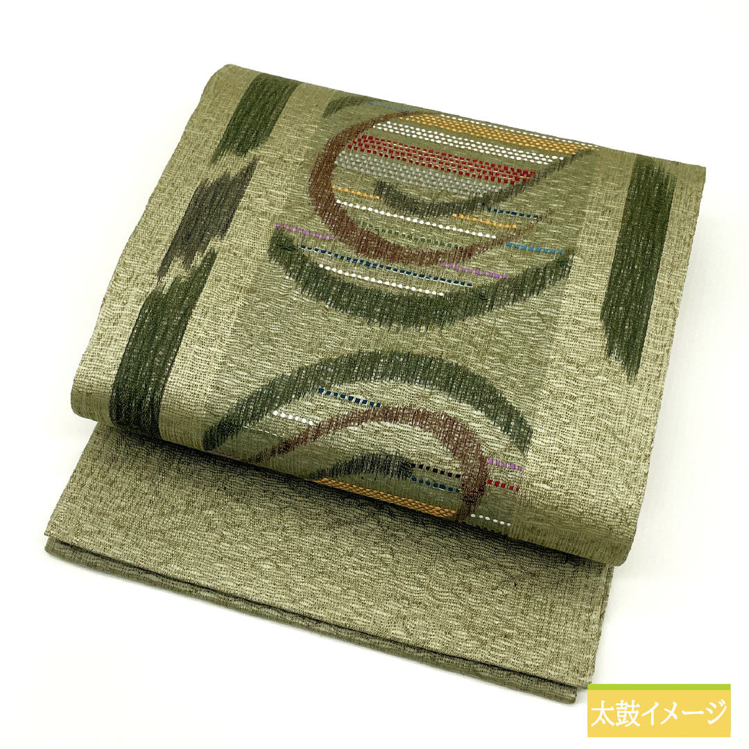 Fukuro Obi (Sash), Pure Silk, S-Rank, Comb Weave, Nishijin-ori, Abstract Pattern, Length 472cm, Pointed Pattern, Casual, Green, Item Number 1123016772419
