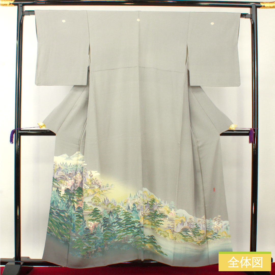 Colored Tomesode, pure silk, length 157cm, sleeve length 63.5cm, lined, tin color, landscape pattern, three crests, ivy, artist's work, Hida Takayama, pearl tone finish, A rank, gray, 1111001363322