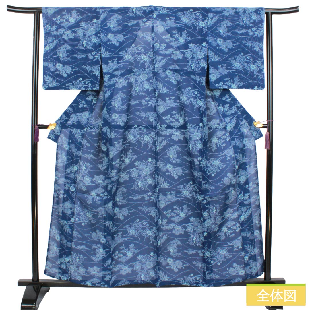夏物 正絹 小紋 Aランク 身丈156.5cm 裄丈62.5cm 瑠璃色(るりいろ) 型染 吉祥文様 スコッチガード加工 絽 青系 1132004683317