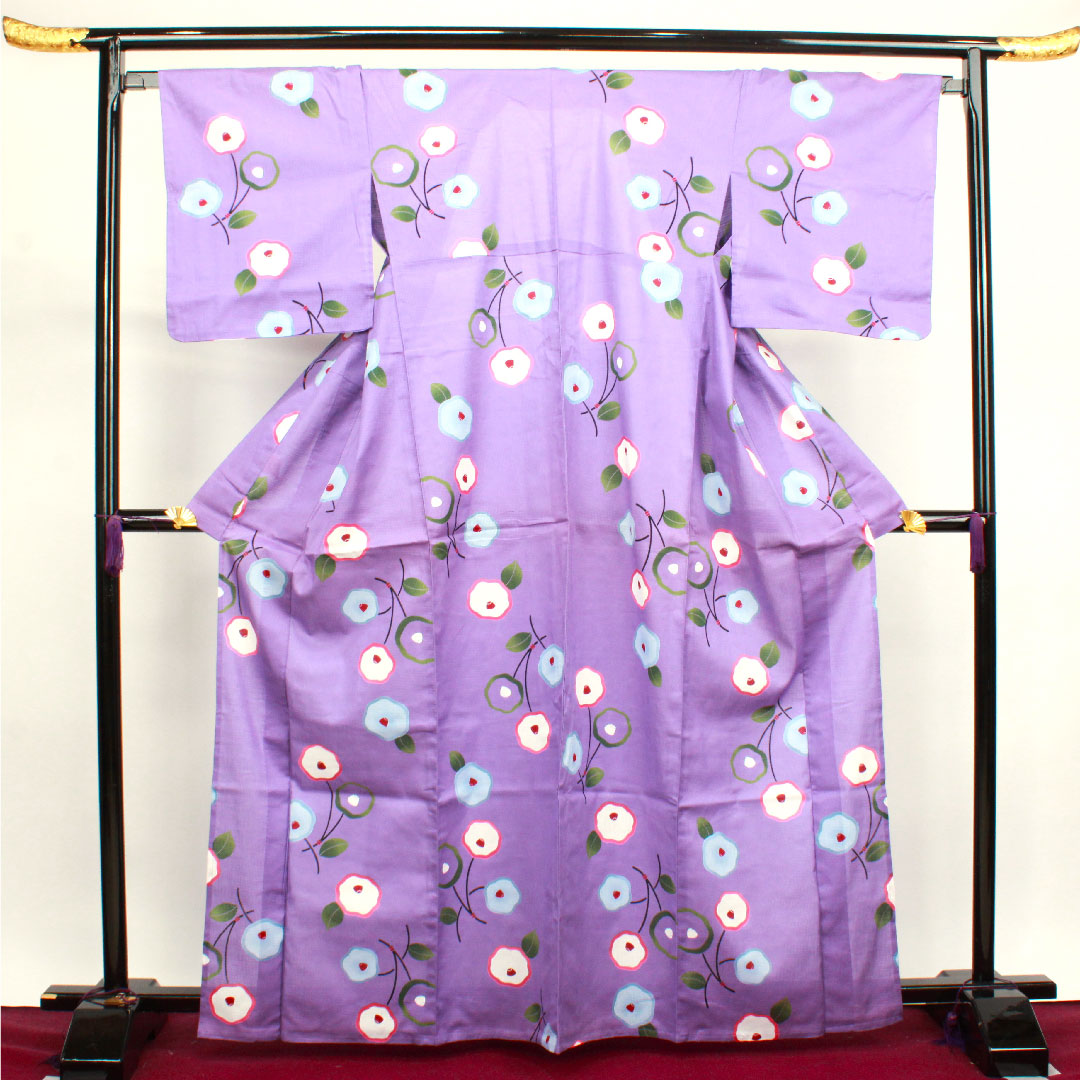 浴衣 葵色 抽象花 木綿 Sランク 単衣 身丈166cm 裄丈66.5cm 紫系 1118001292520