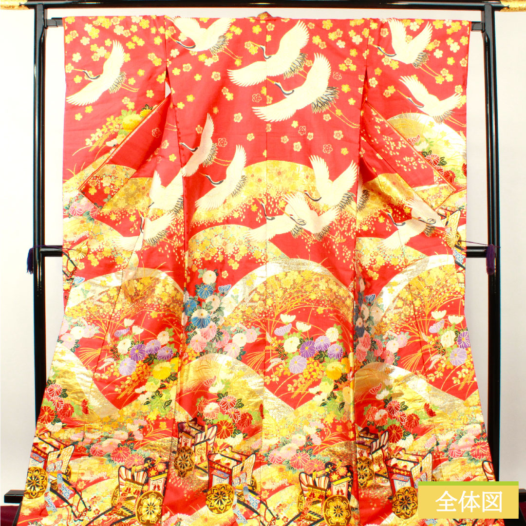 色打掛 正絹 身丈188.5cm 裄丈67cm 洋紅色(ようこうしょく) 御所車 吉祥文様 Sランク 袷 赤系 1110000792912