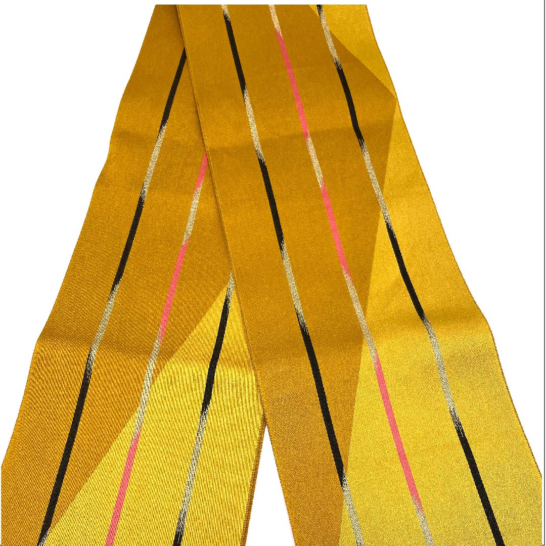 Half-width obi, polyester, orange brown, striped, geometric pattern, modern, reversible, obi length 352cm, brown, S rank, 1125001282314