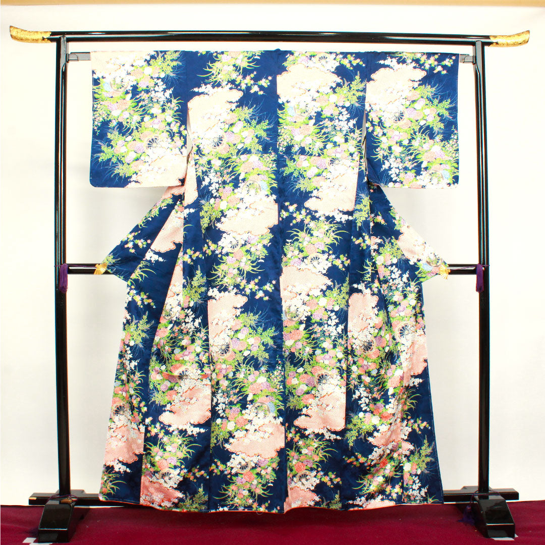 小紋 身丈160cm 裄丈65cm 袷 濃藍色 洗える着物 花車 草花模様 ポリ Sランク 紺系 1115003302418