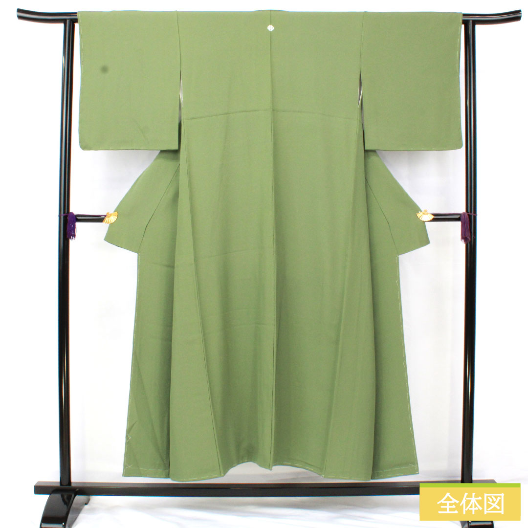 Plain color, pure silk, length 150cm, sleeve length 63cm, Bushukan color, plain color, one crest, corner cut corner with katabami, lined, S rank, green, 1114001802119