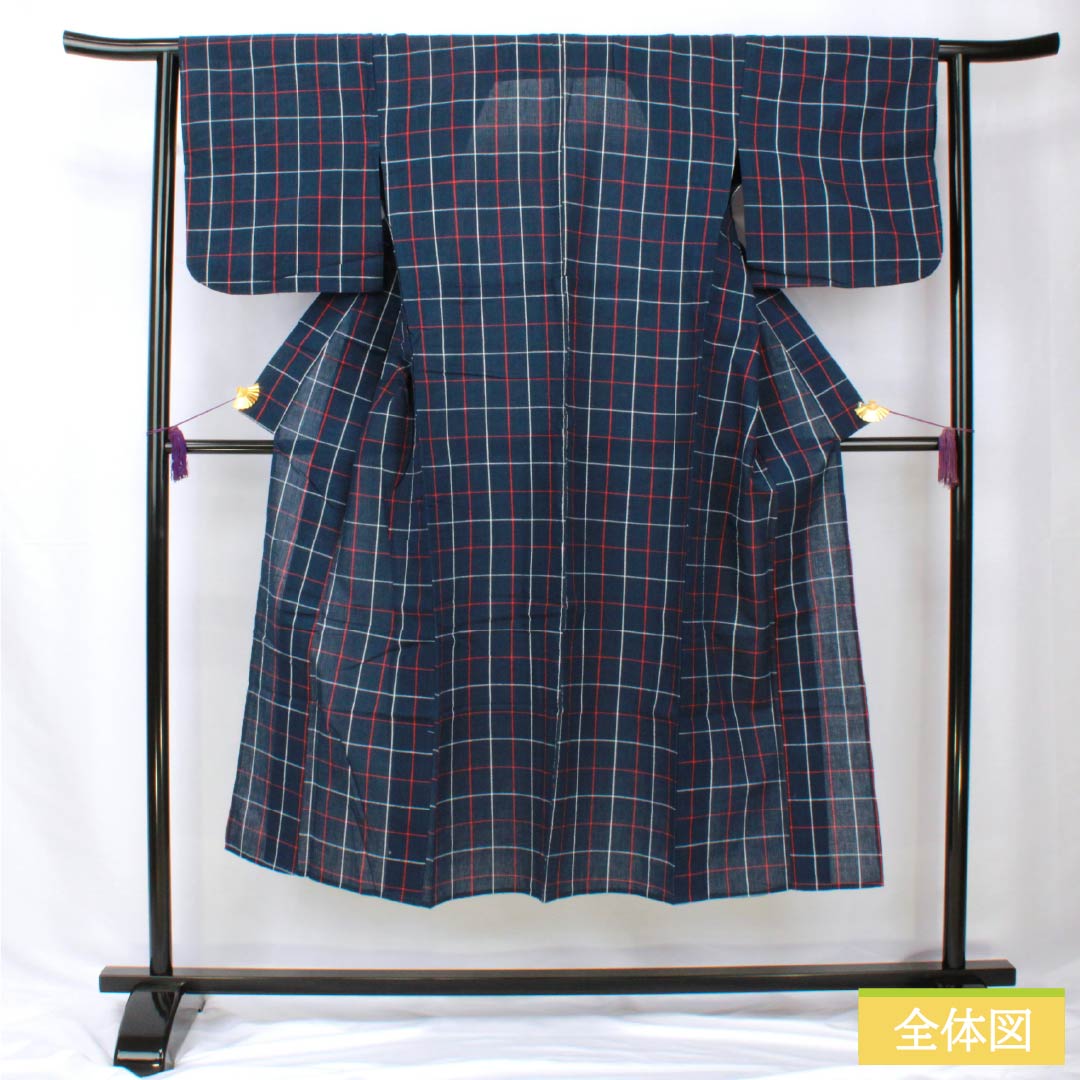 Cotton Yukata, Length 142cm, Sleeve Length 63cm, Rank B, Single Layer, Navy Blue, Shijira Weave, Red and White Check Pattern, 1118005834118