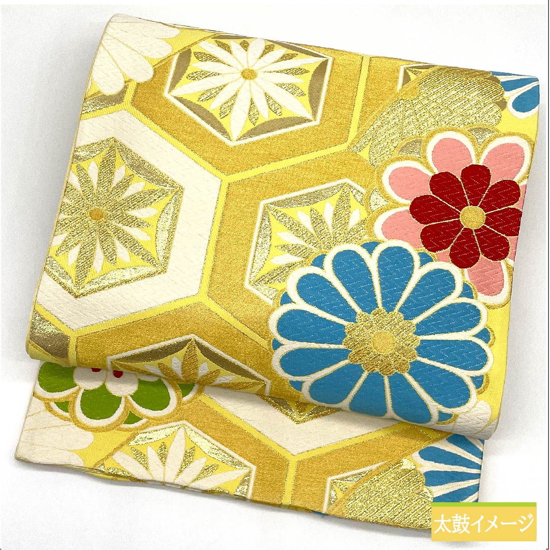 Fukuro Obi, pure silk, gold, tortoiseshell pattern, chrysanthemum, obi length 444cm, S rank, six-pass, formal, gold, 1123011702321
