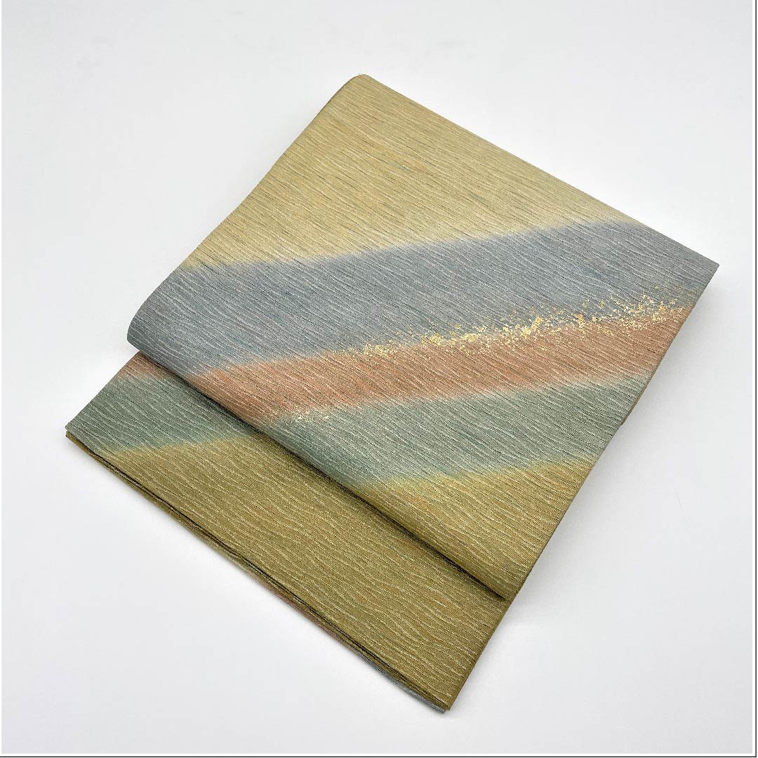 Fukuro Obi (Sash) Yellow Sea Pine Brown (Kimiru Chairo) Gold Dyed Obi Length 444cm Pure Silk A Rank Point Pattern Semi-Formal Green 1123005413319