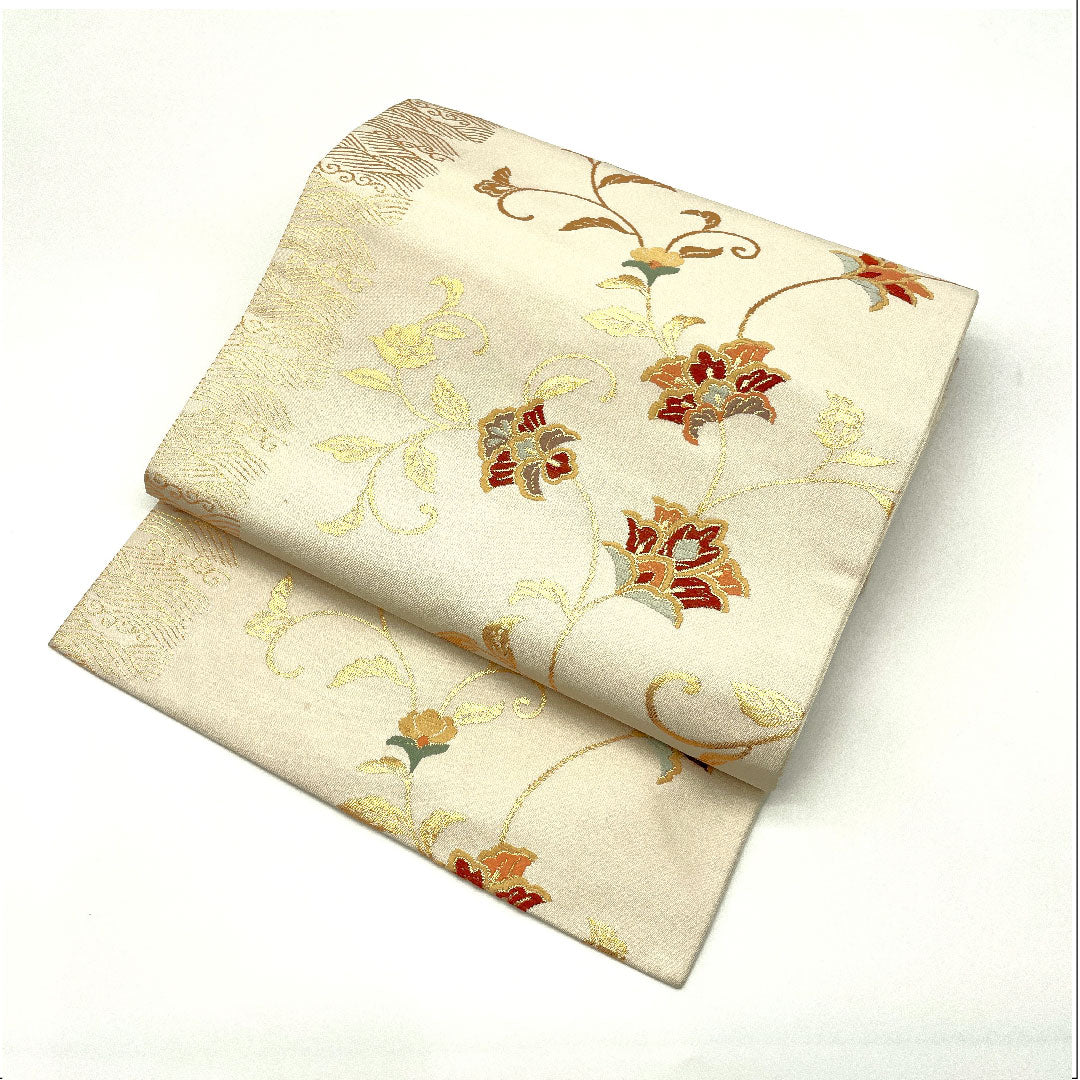 Nagoya obi with Chinese flower pattern, obi length 361cm, pure silk, A rank, six-pass, semi-formal, cream color, 1124001523315, Nagoya style